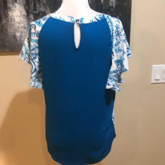 7th Avenue NY&C Blue Floral Paisley Mixed Media Short Sleeve Blouse-Size M - Picture 3 of 13